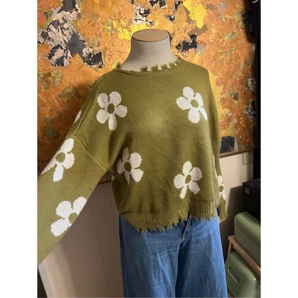 Hayden Distressed Floral Patterned Pullover Olive Green Oversized Sweater S - Picture 3 of 10